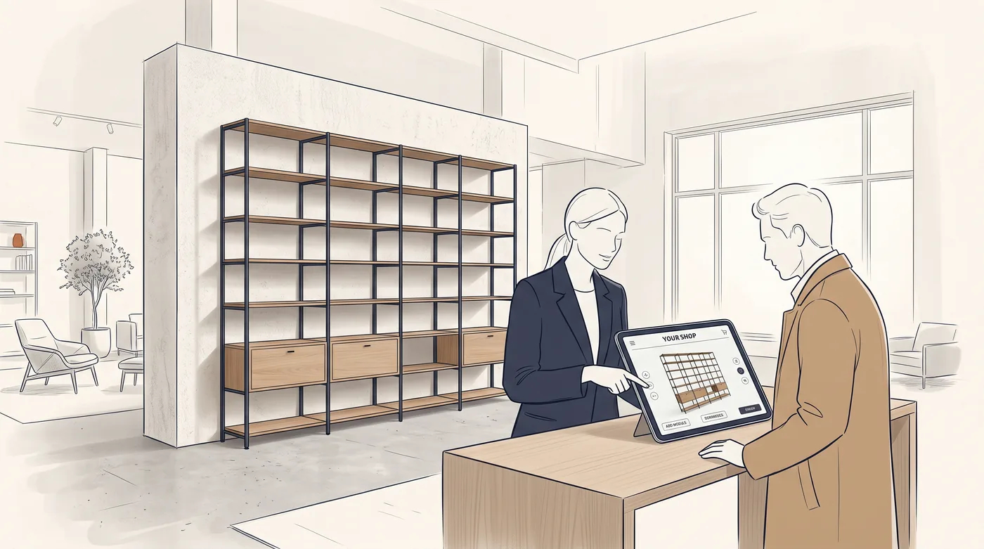 A retailer configuring a shelf with a customer on a tablet in a store